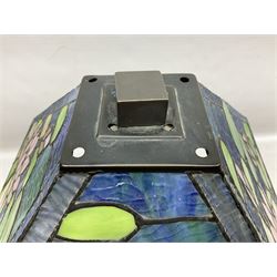 Tiffany Pond Lily style table lamp and shade with leaded panels of green, pink and rippled blue water effect ground, raised upon brushed metal base, H50cm