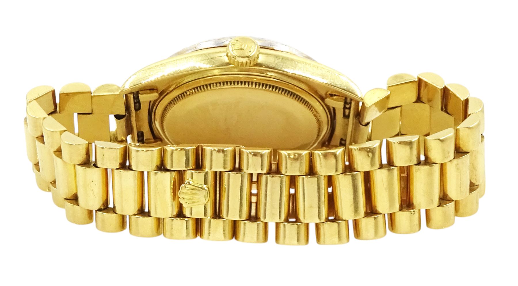Rolex Oyster Perpetual Day-Date gentleman's 18ct gold automatic wristwatch, circa 1970, Ref. 1803, serial No. 2492514, champagne dial with after market diamond dot hour markers and diamond set bezel, on 18ct gold President bracelet, with fold-over clasp, boxed