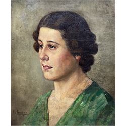 Hendrikus Johannes van den Langen (Dutch 1874-1964): Lady in Green - Bust Portrait, oil on canvas signed 29cm x 23cxm 