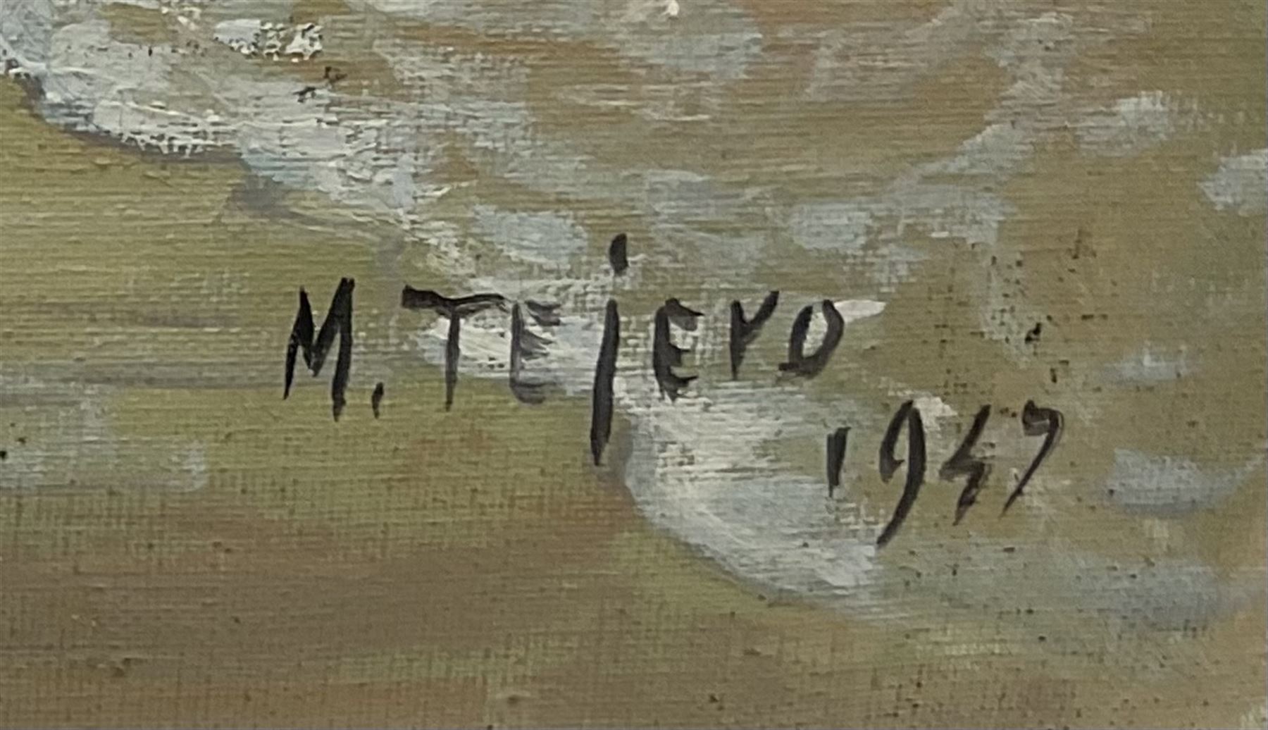 Manuel Tejero (Spanish 19th/20th century): Fishing Boats at Sunset with Campfire on the Shoreline, oil on canvas signed and dated 1937, 65cm x 85cm (unframed)