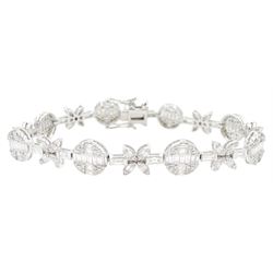18ct white gold diamond bracelet, eight circular, pave set round brilliant cut and baguette cut diamond clusters, spaced by a single baguette cut diamond and a diamond flower head design cluster, stamped 750, total diamond weight approx 3.70 carat