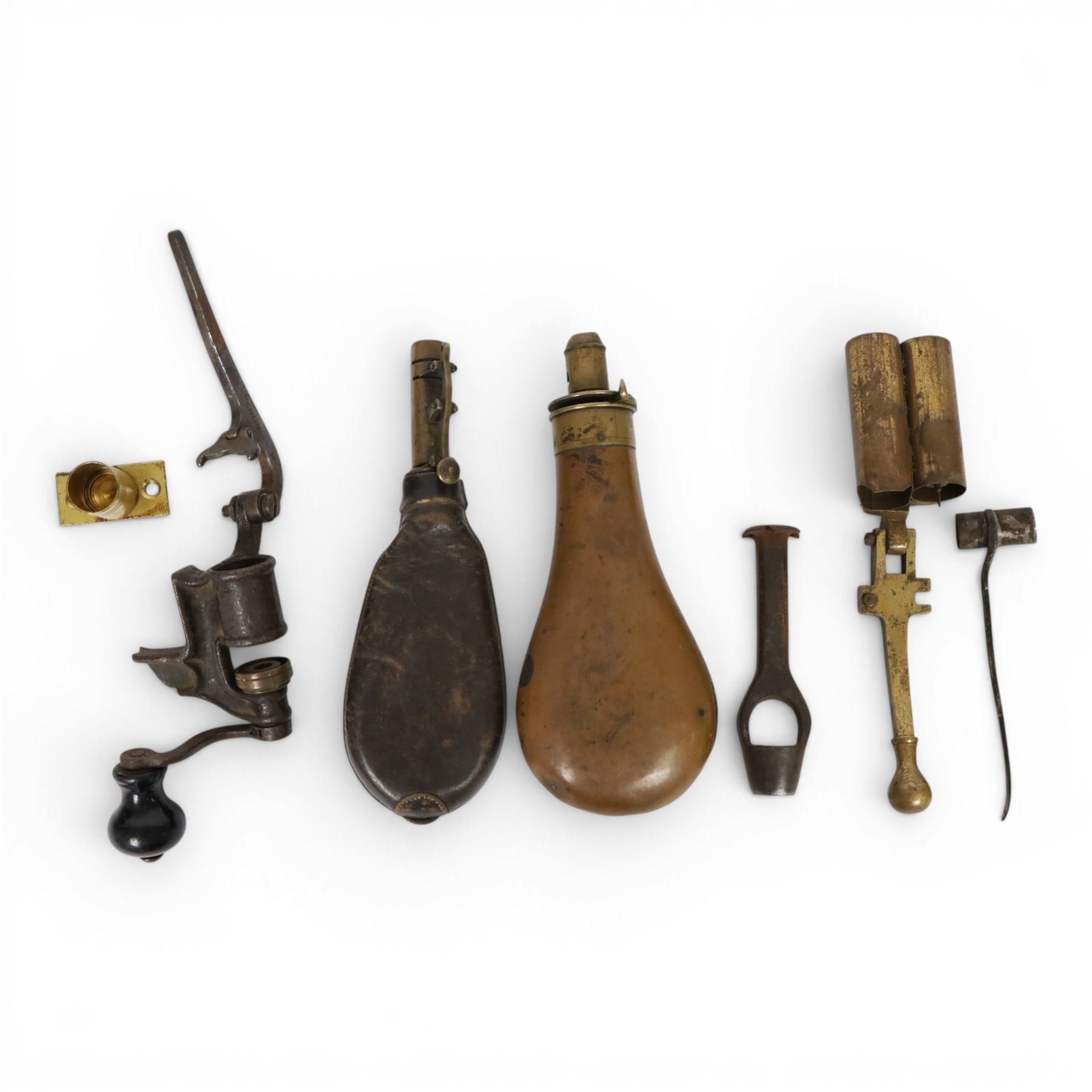 12-bore brass cartridge reloading tool, together with  12-bore turnover tool, copper powder flask etc 