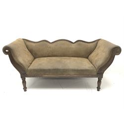 *Early 20th century oak framed upholstered settee, shaped cresting rail and raised scrolled arms, on turned supports, W196cm, H88cm, D72cm