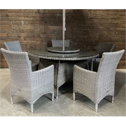 LeisureGrow circular rattan garden table, with lazy Susan, five armchairs with cushions, parasol and weighted base, with glass tops