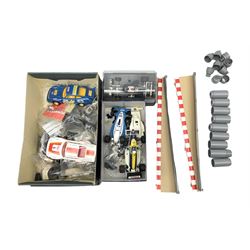 Scalextric - John Player Special racing car; boxed; two C125 Porsche cars; C135 Tyrrell 008 racing car; Honda racing car; all unboxed; quantity of unused and used spare parts including motors, wheels and other accessories etc