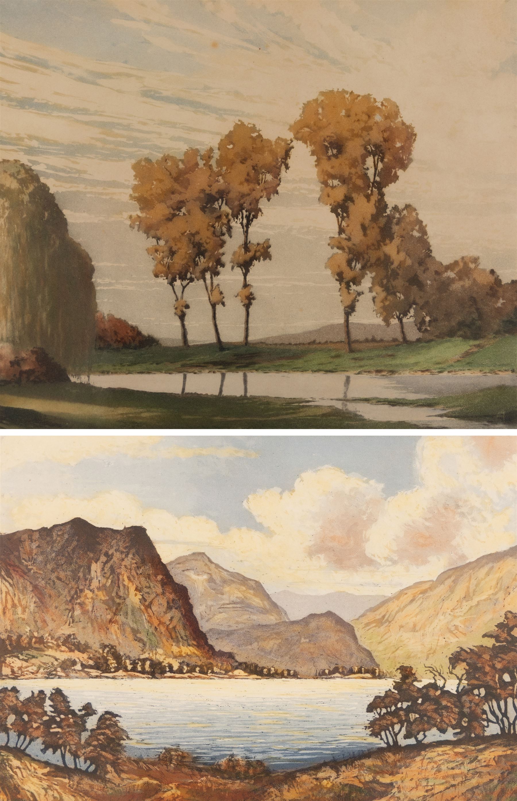 Winston Megoran (British 1913-1971): 'Autumn', coloured etching signed and titled on pencil, 29cm x 34cm; Joseph Frank Pimm (British 1900-1979): 'Derwent Water', coloured etching signed and titled in pencil 25cm x 35cm (2)