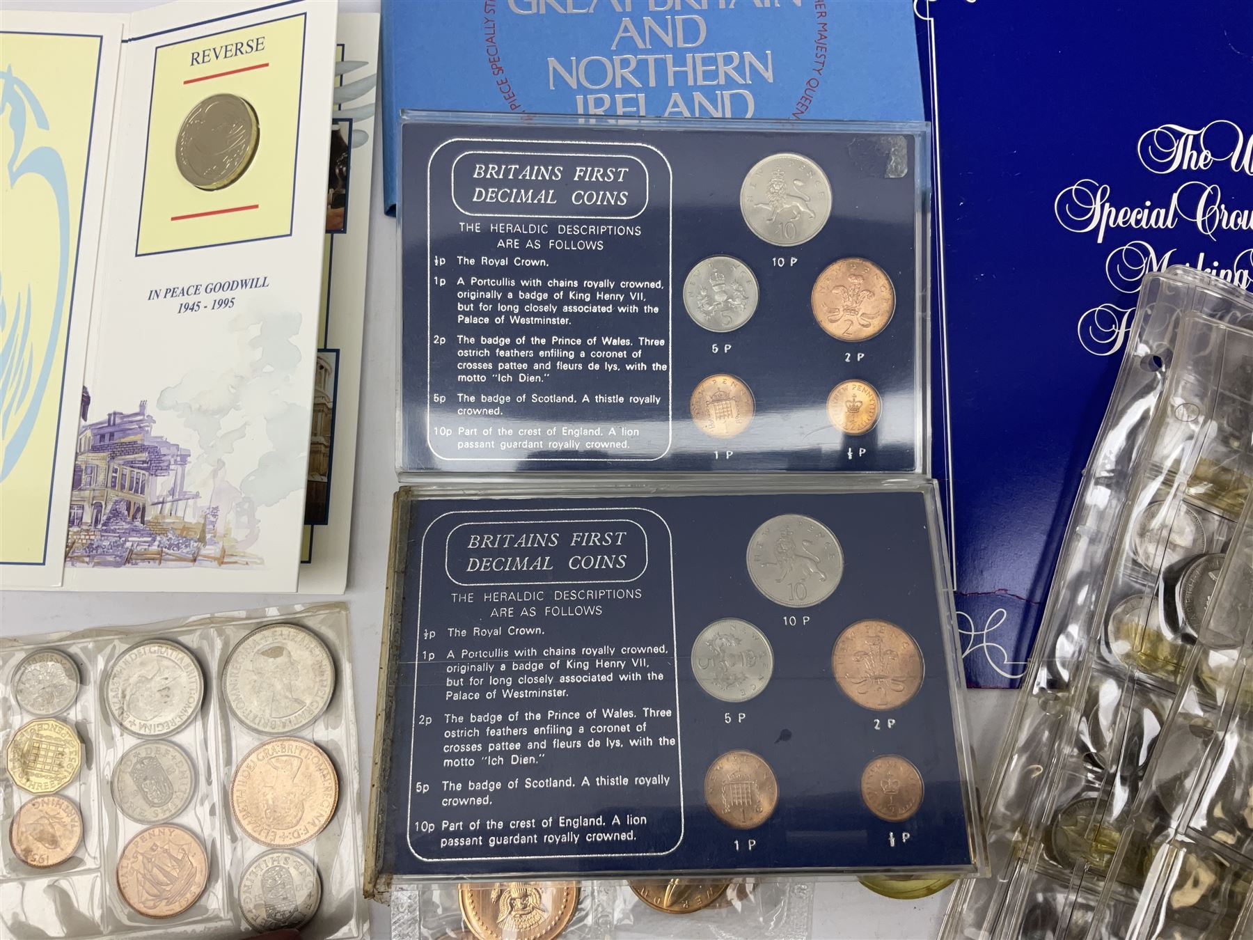 Coins including United Kingdom 1995 two pound coin on card, King George VI 1951 Festival of Britain crown, pre-decimal coinage etc, in one box