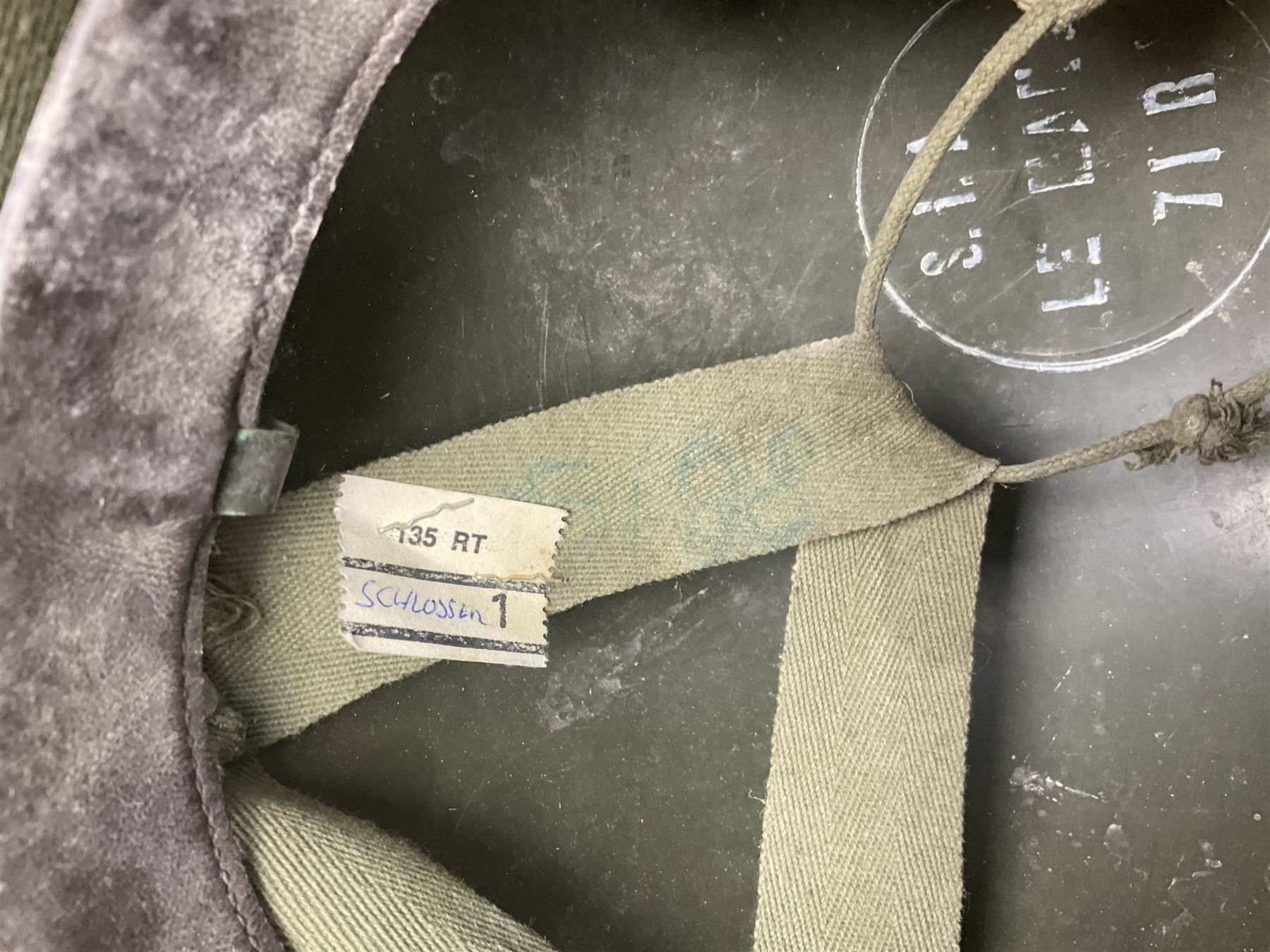 1950s French Algerian War steel helmet with liner; indistinctly marked 'S.I.A. LE EANS(?) 71R'