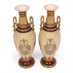 Villeroy & Boch Mettlach, pair of twin handled vases, decorated with floral panels and beaded neck, model 2505, H34cm 