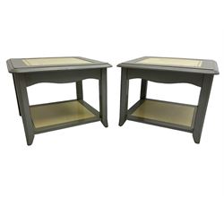 Pair of cream and grey finish square lamp tables with undertiers (60cm x 60cm, H45cm); matching nest of three occasional tables (W55cm, H48cm, D35cm); and a two-tier stand (34cm x 34cm, H75cm)