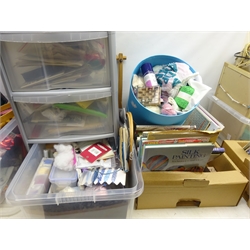  Quantity of Haberdashery including fabric, yarn, embroidery accessories, books, lamp, tapestry frames etc in eight boxes and set of plastic drawers   