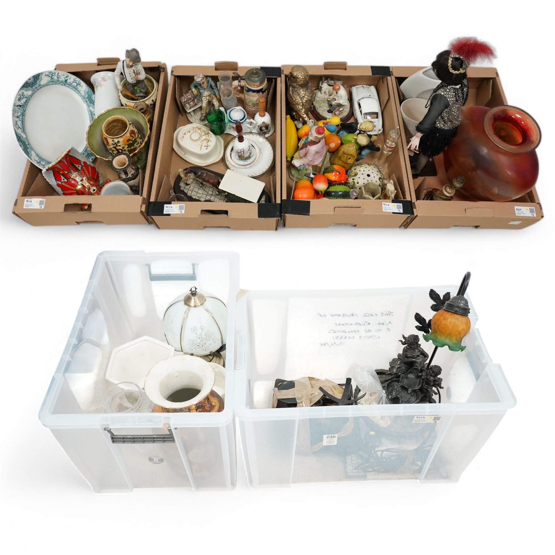 Lomonosov Russia Porcelain Wine Decanter in Red Firebird pattern, Staffordshire ironstone planter, meat plate, Leonardos figures and other mixed ceramics and smalls, contents between four boxes