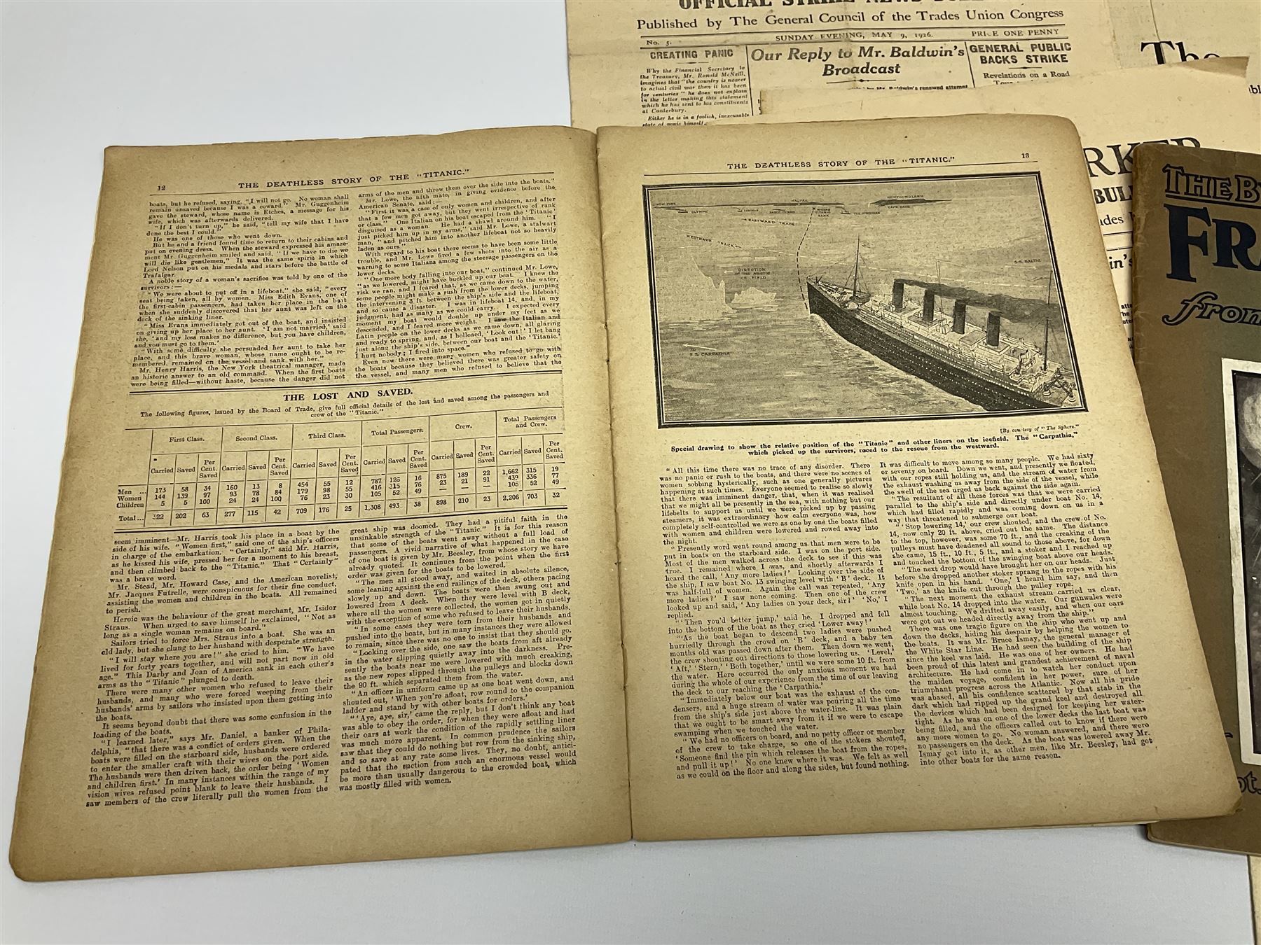 Titanic interest: Lloyds Weekly magazine 'The Deathless Story of the Titanic'. Second edition. A4 size. 'Complete Narrative with Many Illustrations'; together with Bruce Bairnsfather's 'The Bystander's Fragments from France'; and small quantity of newspapers relating to the General Strike in 1926