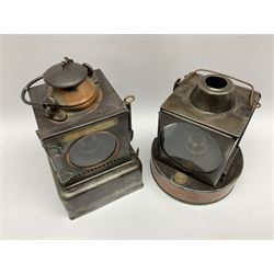 Lamp Manufacturing & Railway Supplies Ltd Welch Patent steel and copper railway lamp marked LNER, with square base marked 'S', H25cm; together with another similar railway lamp with circular base, the reservoir stopper marked GWR (2)