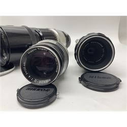 Collection of Nikon and Nikkor lenses, to include 'Nikkor-P Auto1:4.5 f=300mm', serial no. 310750, 'Nikkor-S Auto 1:2.8 f=3.5cm', serial no. 927213, 'Micro-Nikkor Auto 1:3.5 f=55mm' serial no.205406, 'Auto Nikkor Telephoto-Zoom 1:4 f=8.5cm - 1:4.5 f=25cm', serial no. 158512 etc