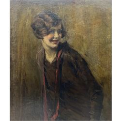 Isaac Michael Cohen (Australian 1884-1951): Portrait of Smiling Girl with Red Scarf, oil on canvas signed with monogram, with James Bourlet & Sons label verso 76cm x 63cm 