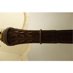  Early 20th century mahogany Hepplewhite style standard lamp, reeded and acanthus carved column on three splayed legs, with blue shade, H175cm (excluding fitting)  