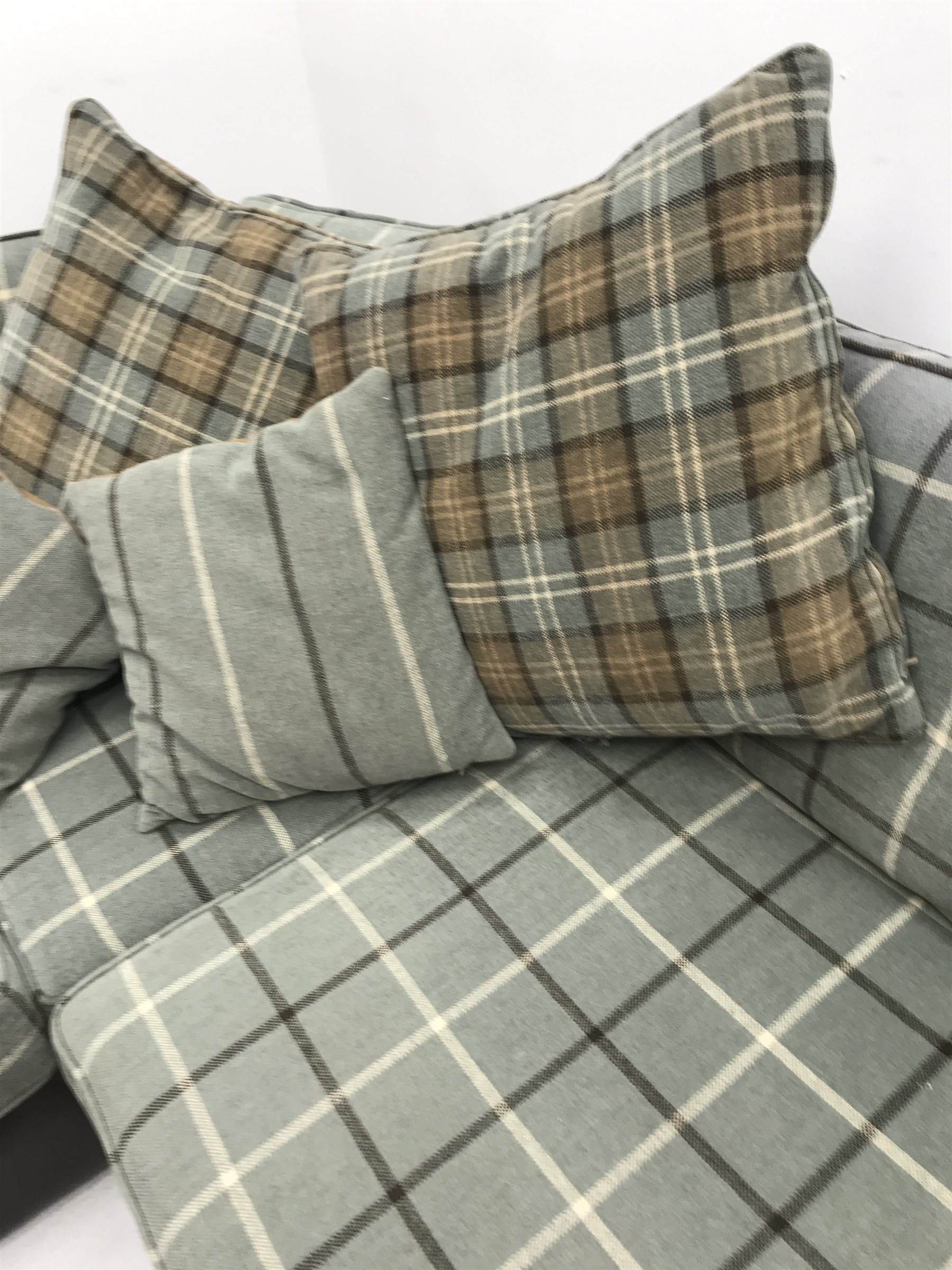 Tetrad corner sofa upholstered in leather and chequered fabric (W272cm & 246cm) with matching foot stool