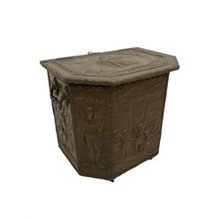 Large 19th century wooden and brass repousse coal box, rectangular form with canted front, enclosed by hinged lid decorated with figural countryside scene, the front panel depicting tavern scene at the 'Scours Contre la Soif' and initialled 'Ete', the remaining panels decorated with mythical scenes, with metal lining and hinged carrying handles, on castors
