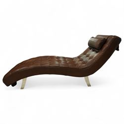 Barker & Stonehouse -stylish contemporary leather chaise longue, upholstered in brown tufted leather panels, sinuous wave-shaped frame with headrest cushion, raised on angled chrome effect legs