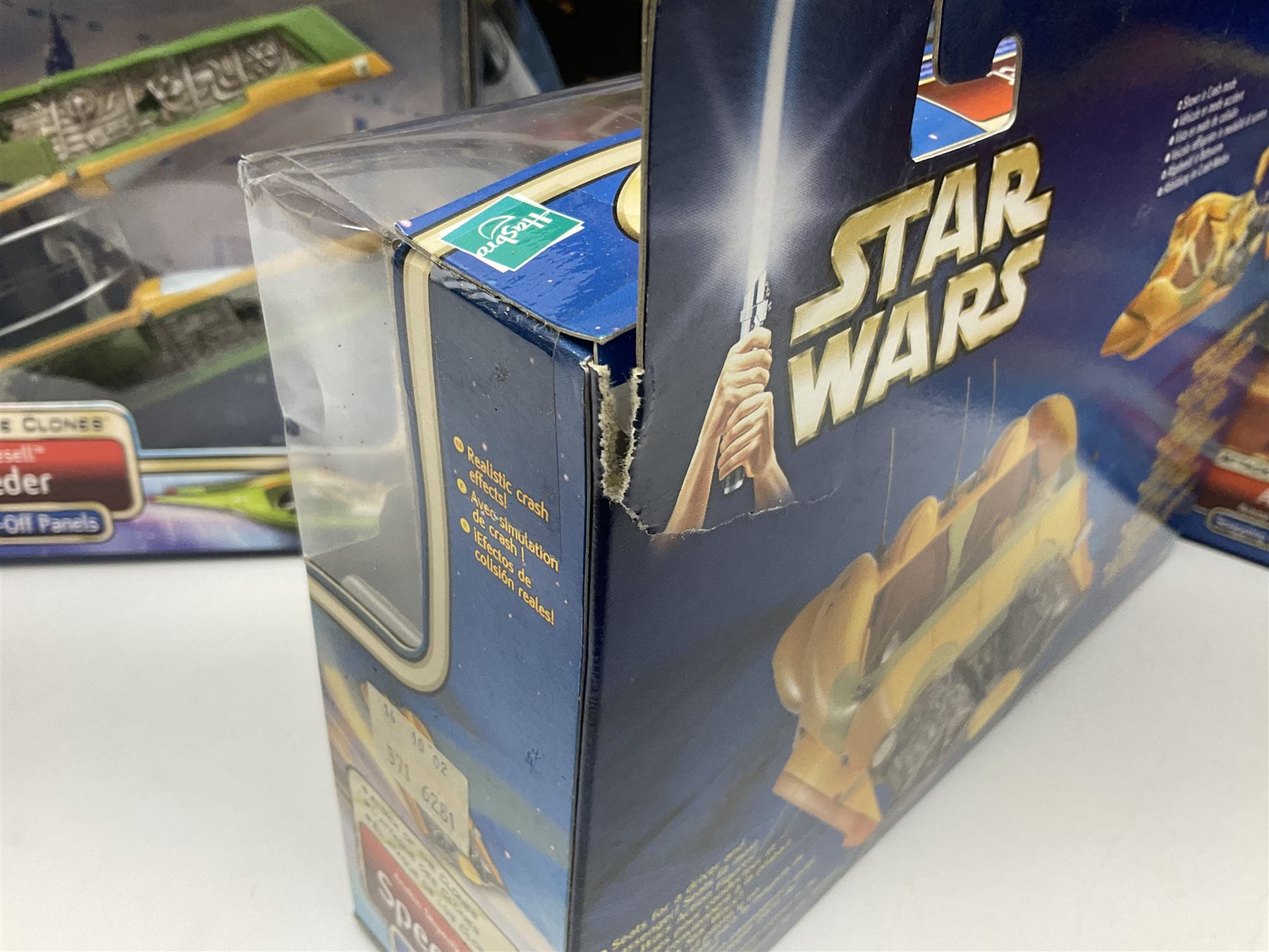 Star wars - Attack of the Clones - Jango Fett Slave 1; Obi-Wan Kenobi's Jedi Starfighter; Reek Arena Battle Beast; Acklay Arena Battle Beast; two x Anakin Skywalker Speeder; and Zam Wesell Speeder; all in sealed boxes (7)