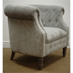  Chesterfield tub shaped armchair upholstered in silver fabric on turned supports, W83cm  