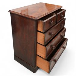 Mid-19th century mahogany chest, fitted with two short and three long drawers, rounded corners, on skirted base