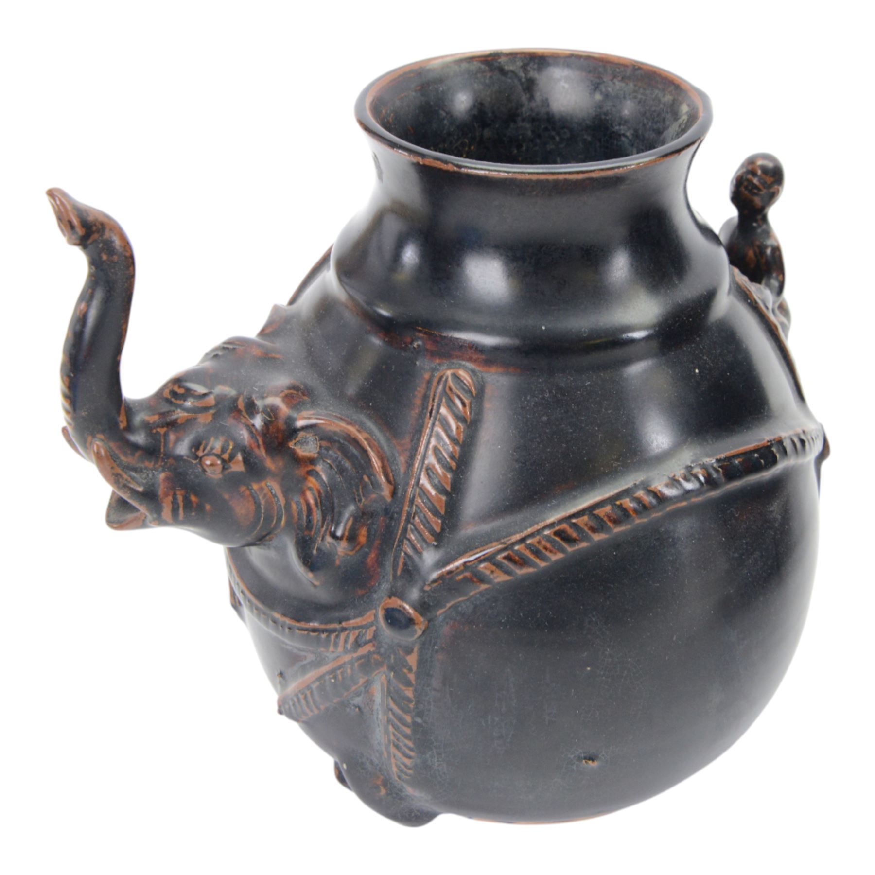 Large Thai vase decorated with relief figures and elephants, together with two smaller examples