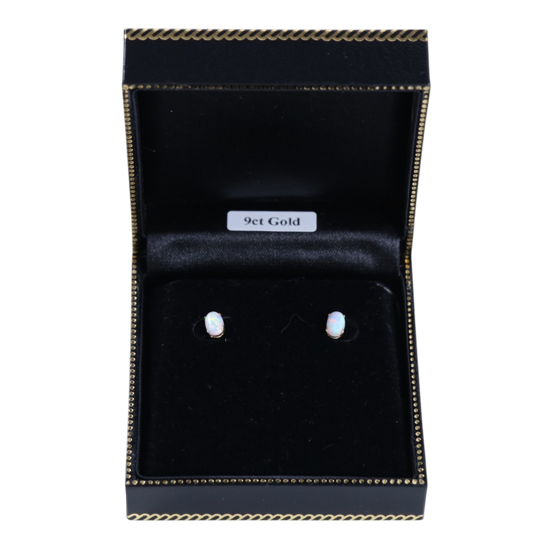 Pair of 9ct gold oval opal stud earrings, boxed