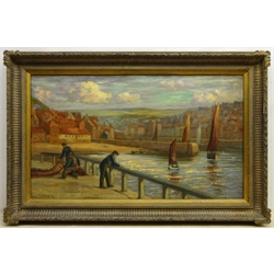 Charles E Flowerdew (British exh.1885): Whitby Fishermen on the East Pier, oil on canvas signed and dated 1903, 49cm x 83cm