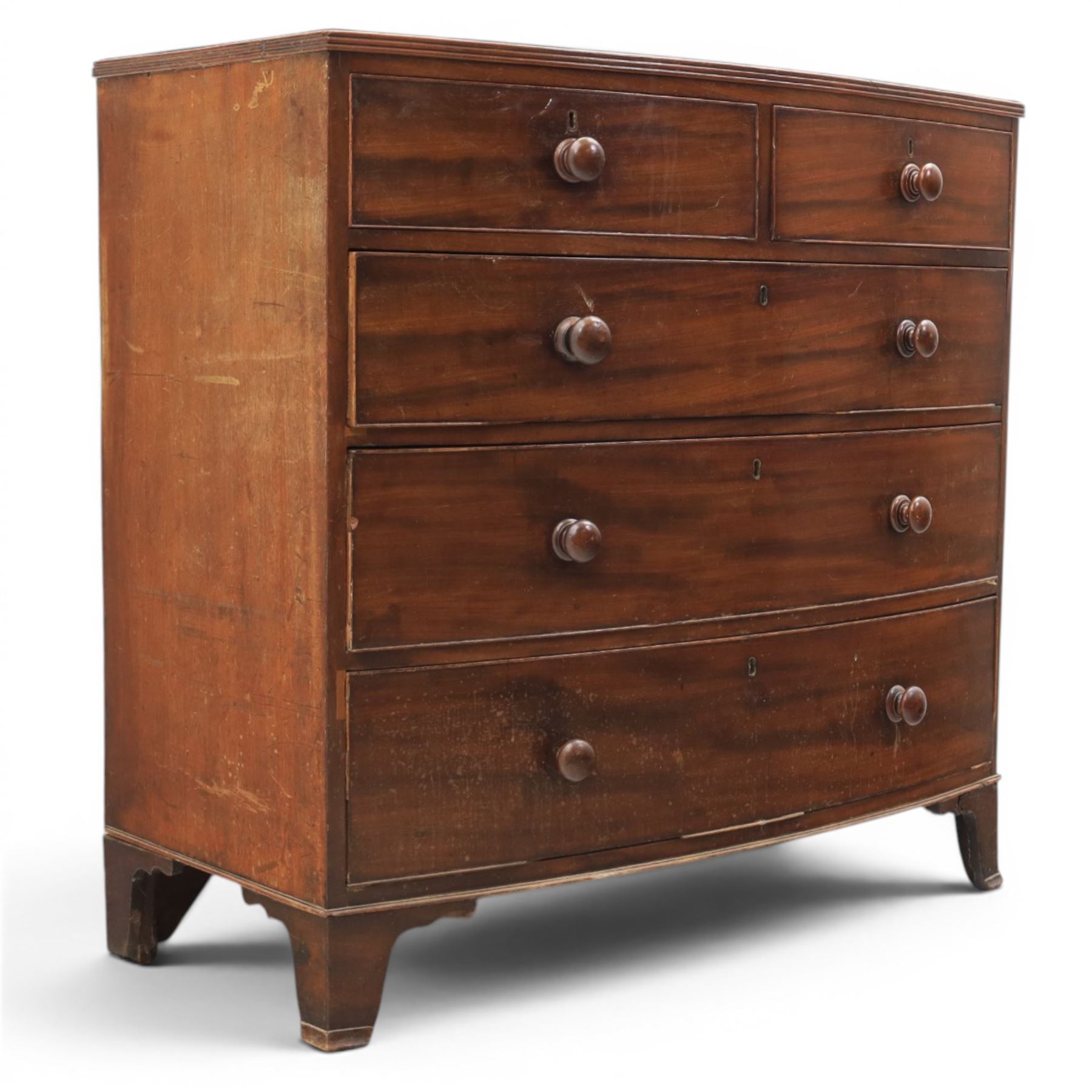 19th century bow fronted mahogany chest, two short over three graduating drawers, raised on bracket feet