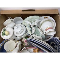 Quantity of ceramics and glassware to include art glass vase, Royal Grafton, Royal Doulton and Colclough dinner wares, Poole, copper lustre, vases etc in five boxes
