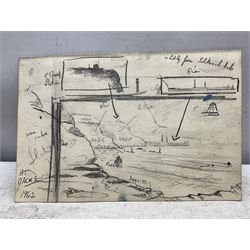 Jack Rigg (British 1927-2023): Preliminary sketch for ''Whitby Piers from Saltwick Nab', pencil unsigned, variously inscribed and dated 1962, 17cm x 25cm (unframed)