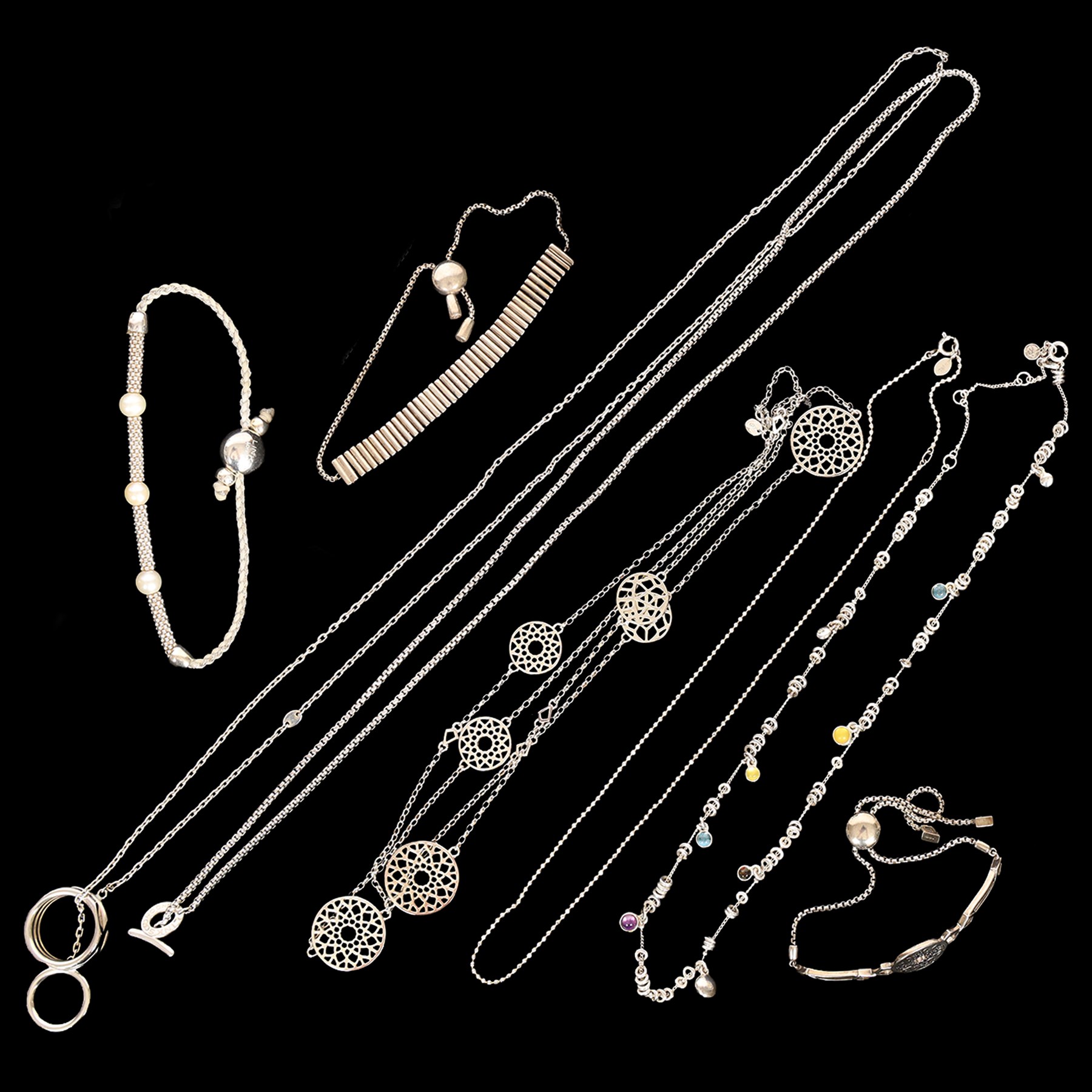 Links of London silver jewellery including rings, friendship bracelets, sweetie necklace, bee charm, acorn charm, bracelets and other necklaces, some stone set