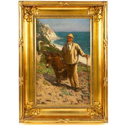 Arthur A Friedenson (Staithes Group 1872-1955): Man and Donkey on the Clifftop, oil on can...