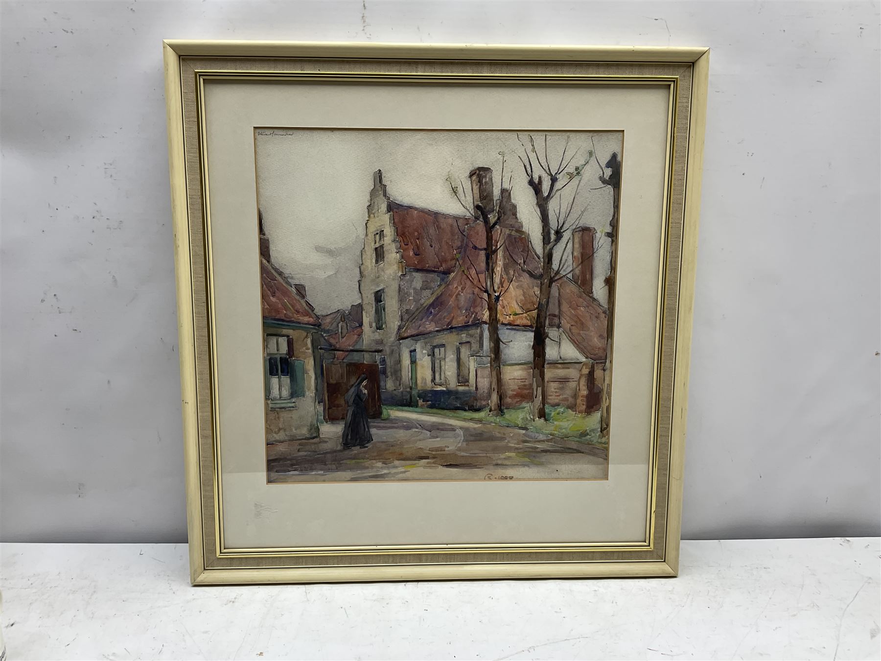 Stewart Carmichael (Scottish 1869-1950): Village Nun in Ghent Belgium, watercolour signed and dated, labelled verso 37cm x 37cm
