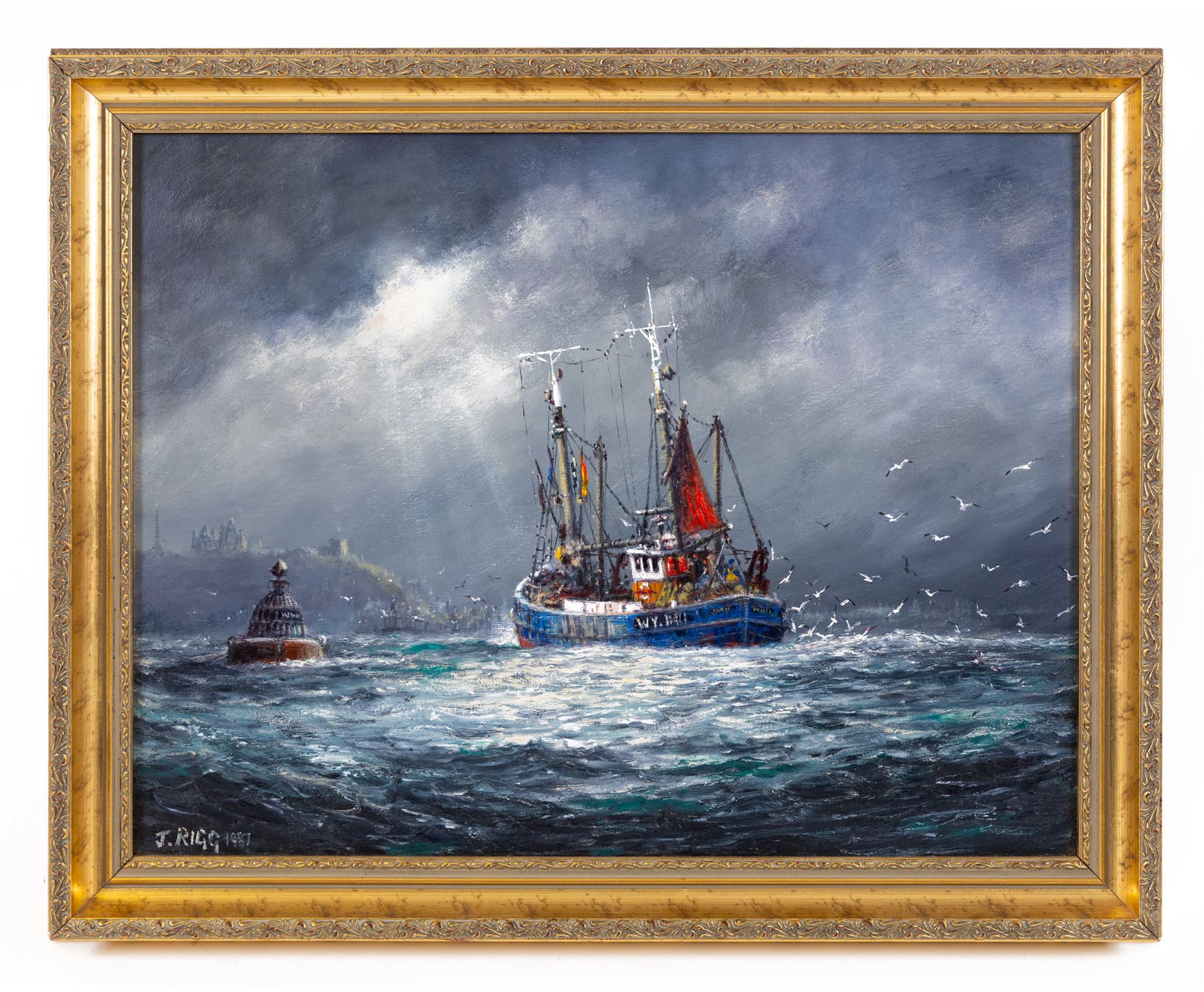 Jack Rigg (British 1927-2023): 'Off Whitby', oil on canvas board signed and dated 1987, titled and dated 1986 verso 34cm x 45cm