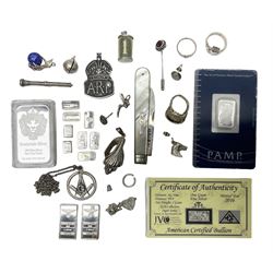 Silver mother of pearl handled fruit knife, silver jewellery including masonic pendant necklace, shell pendant, coin ring, Claddagh ring and charms etc, and a collection of ingots