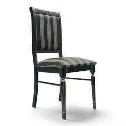 Italian Neoclassical inspired ebonised gloss dining table with four matching chairs,  circular top with additional leaf (Extends to  145cm) with Greek key banding, on a shaped pedestal base with gilt highlights and stepped plinth, the chairs en suite with padded back and seat with Greek key, reeded front supports