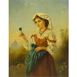  Anton Romako (Austrian 1832-1889): Country Girls Teasing Wool and Holding a Flower, pair oils on canvas unsigned, Knightsbridge Gallery labels verso, 46cm x 35cm (2)  
