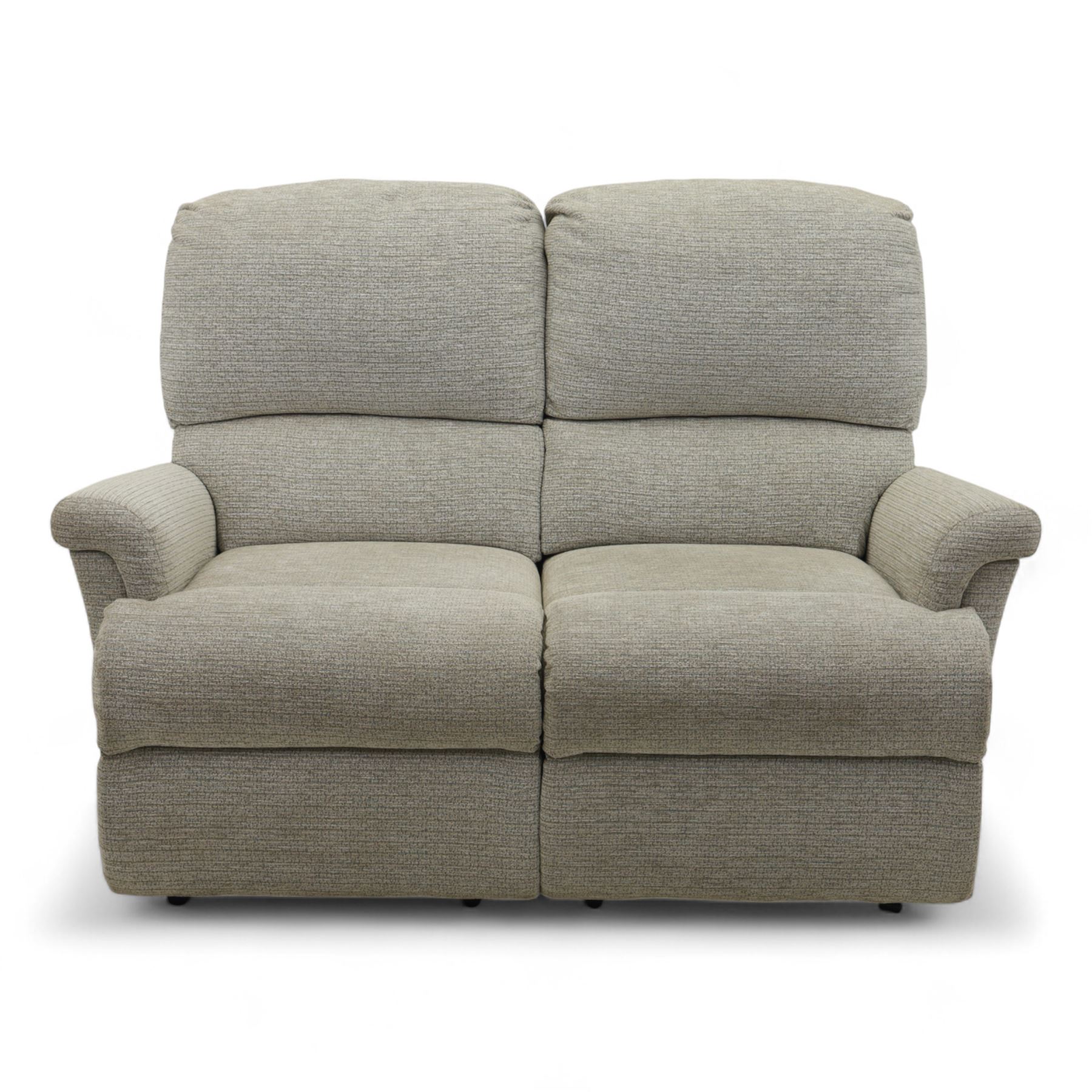 Sherborne - Two seat sofa, in grey chenille fabric upholstery with fixed cushions and upholstered scroll arms, split in to sections and on castors