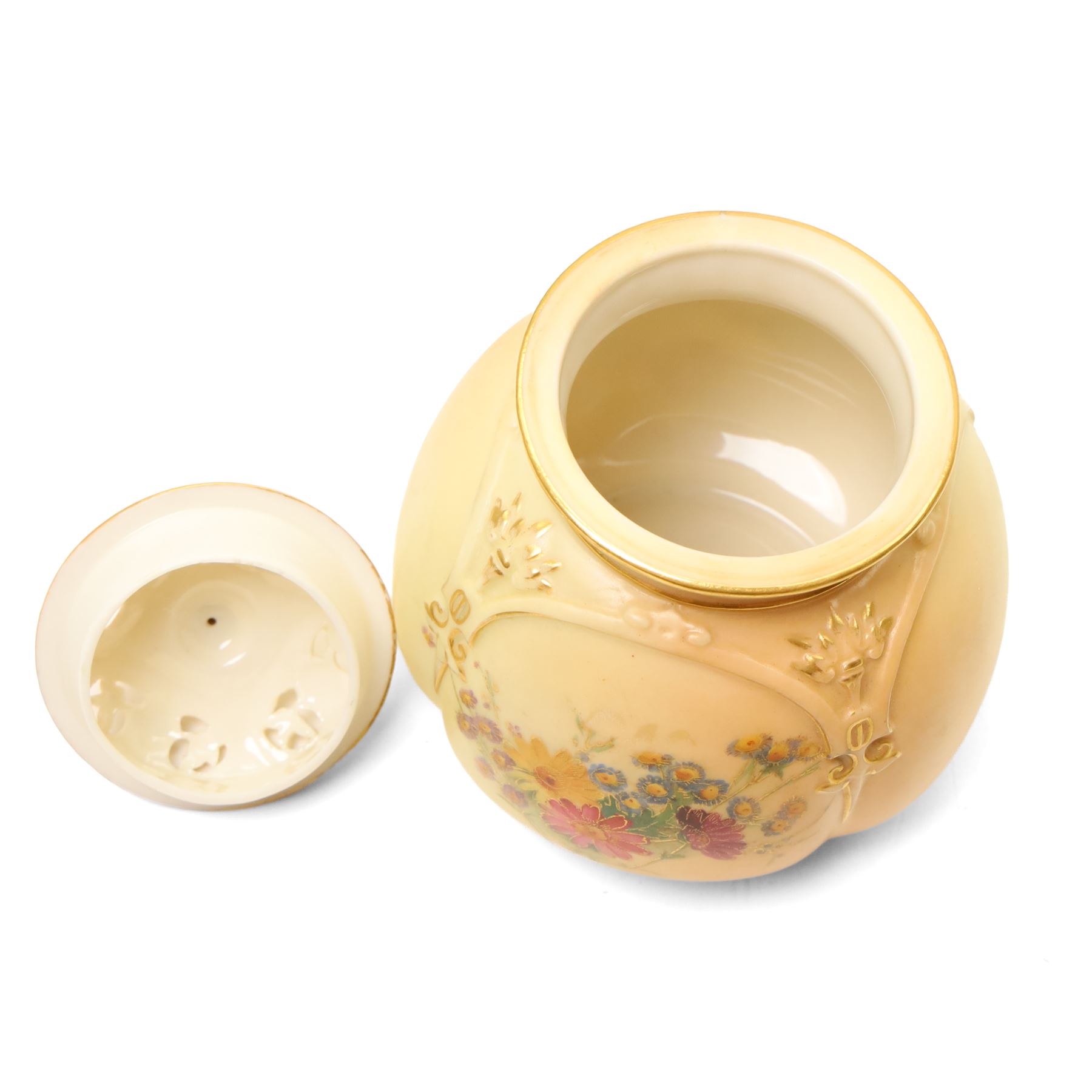 Royal Worcester two handled baluster vase painted with roses H19cm date code 1898, Worcester blush ivory pot pourri decorated with flowers, two blush ivory jugs, a similar vase H15cm and a miniature loving cup