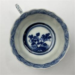 18th century Chinese blue and white Kangxi teacup and saucer, decorated with dancing figures, four character Kangxi mark beneath, saucer D10cm