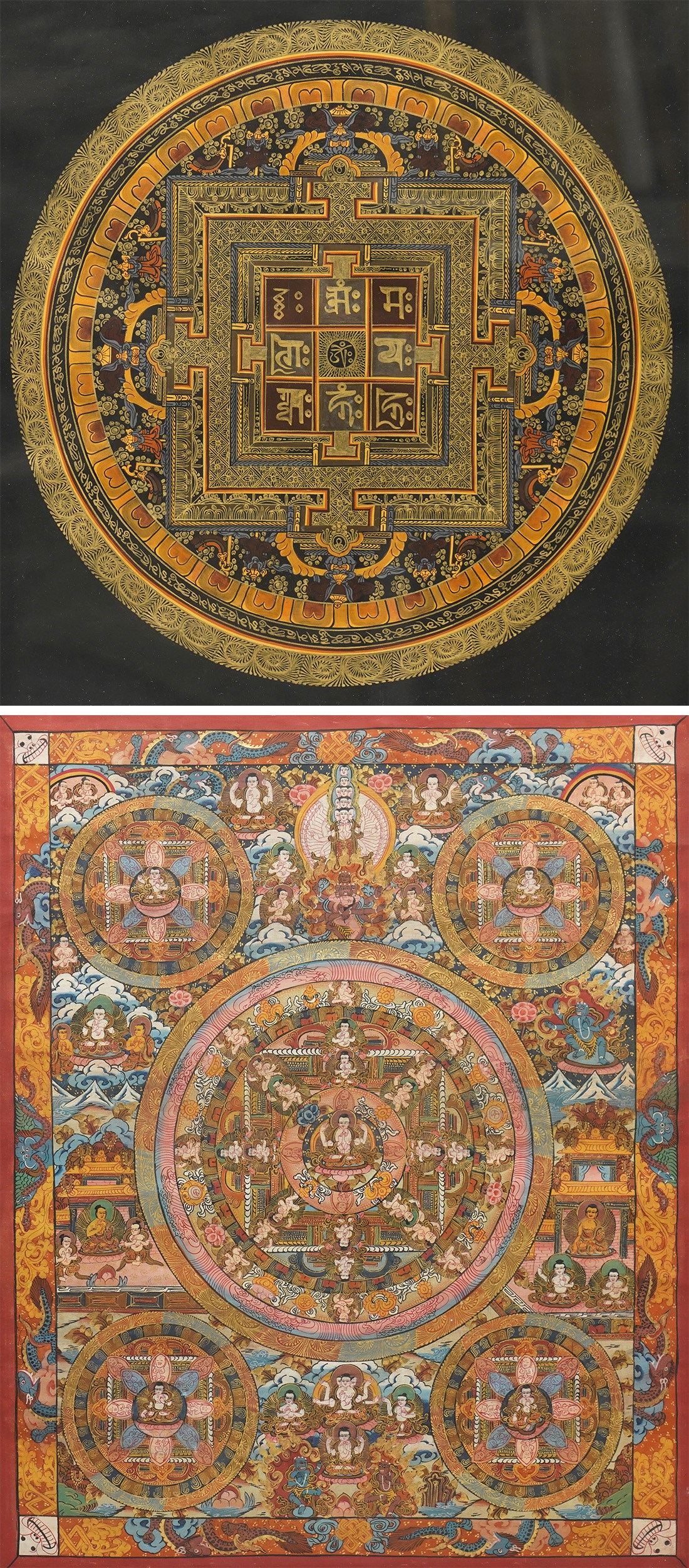 Tibetan School (20th century): Buddhist Pancha Mandala Thangka, pair of gouaches on fabric unsigned max 48.5cm x 39cm (2)