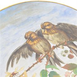 Victorian pottery circular charger, painted with birds upon a rose bush, with painted makers mark to the base Howell and James London, D34cm 