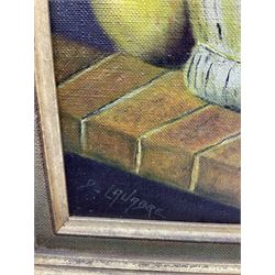 Daniel Lavabre (French 20th century): Still Life of Fruit ad Wine on Shelf, oil on canvas signed 32cm x 23cm 