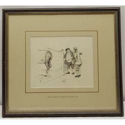 Cecil Aldin (British 1870-1935): 'We're Expectin' an Old Gent from Handley Cross' - Gentleman and Gamekeeper Talking beside a Horse, pen and ink signed with monogram, titled on the mount 19cm x 23cm 
Provenance: purchased by the vendor from Cumbria Auction Rooms 14th May 1990, lot 430, where part of a collection of fifteen then-unmounted Aldin book illustrations