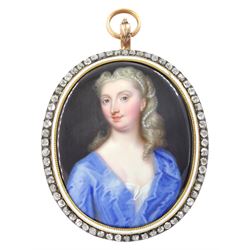 Christian Friedrich Zincke (German 1683-1767)
Portrait miniature upon enamel, circa 1750
Head and shoulder portrait of a young woman in blue gown, her hair adorned with pearls 
Within gilt frame, with old cut diamond border and white enamel inner border 
Oval 4.5cm x 3.5cm

Provenance
Purchased by the current vendor from Judy & Brian Harden Antiques September 98

Born in Dresden in 1683, Christian Friedrich Zincke travelled to London in 1706 to work at the studio of miniature painter and enamellist Charles Boit; later inheriting Boit's fashionable clientele. 
During his time in London Zincke is said to have dominated the market, training a number of well known English miniature painters including William Prewett, and also gaining Royal patronage aided by the endorsement of notable portrait artist Sir Godfrey Kneller.
Zincke worked extensively for the Royal Family, including George II and Frederick Prince of Wales, and is arguably the most successful enamel painter of the period in which he worked. 


