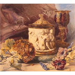 Mary Margetts (British fl.1841-1886): 'An Ivory Tankard with Flowers', watercolour signed,...