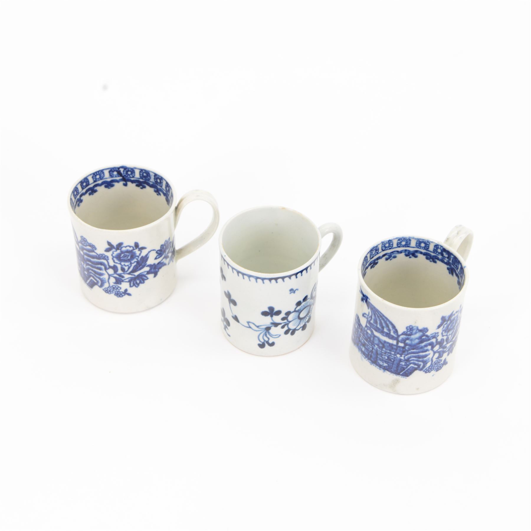 18th century Liverpool porcelain coffee can, circa 1770, probably Phillip Christian, decorated in the Profile Bud pattern, together with a pair of 18th century Caughley porcelain coffee cans, circa 1785, decorated in the Fisherman or Pleasure Boat pattern, each H6.5cm